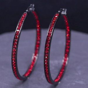 Black Metal Bright Red Crystal Channel Hoops Rhinestone Hoop Earrings Sparkling